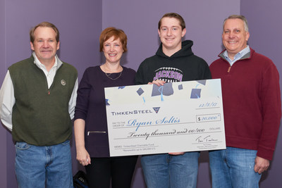 The TimkenSteel Charitable Fund named seven new TimkenSteel scholars today who will receive $145,000 in scholarship funds. 
Tim Timken, TimkenSteel chairman, CEO and president (left), was on hand at Jackson High School to present the top award to Ryan Soltis.  (Also in photo is his mother Cherise and father Roger, on right.) The high school senior earned a $20,000 scholarship, renewable for up to three additional years for a total of $80,000.