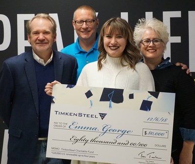 The TimkenSteel Charitable Fund has awarded seven new TimkenSteel scholars with $145,000 in scholarship funds. Tim Timken, TimkenSteel chairman, CEO and president (left) was on hand at Perry High School in Massillon, Ohio, to present the top award of $20,000 per year for up to four years to Emma George (middle), her father Patrick George, senior technical analyst at TimkenSteel’s Canton corporate office (shown second from left) and her mother Jennie George (right).